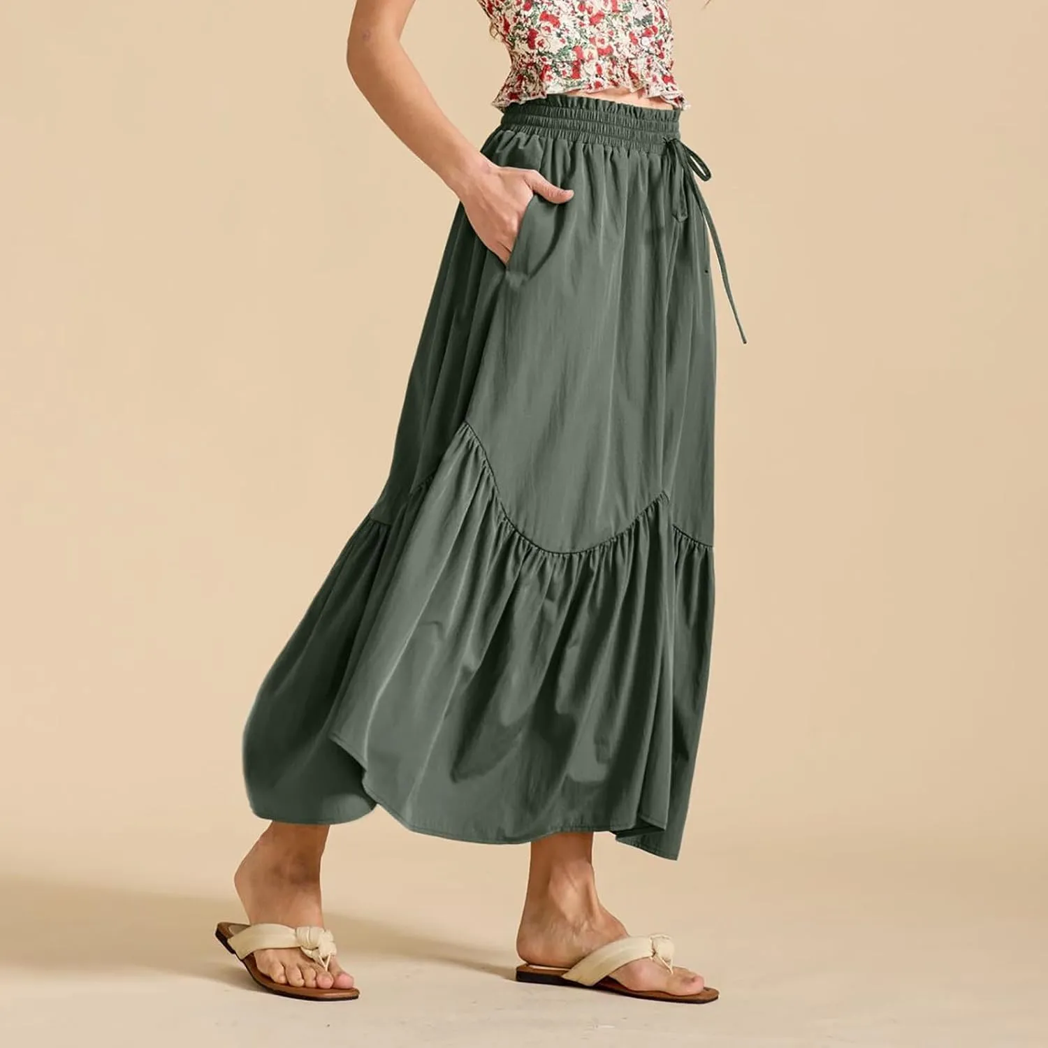 Long Skirts for Women Solid High Waisted Pleated Renaissance Skirt Casual Summer Fashion Flowy Tiered A-Line Skirts