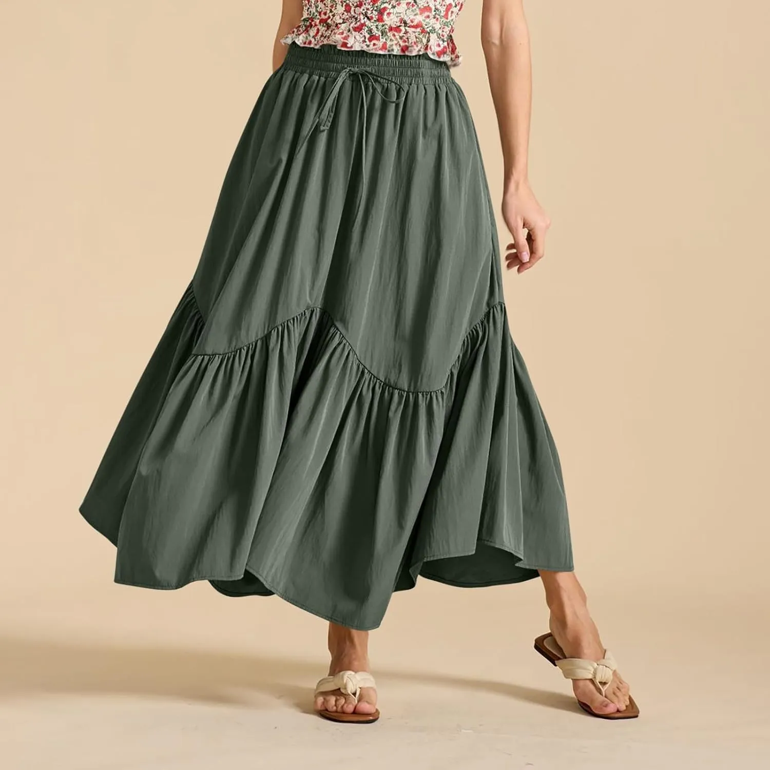 Long Skirts for Women Solid High Waisted Pleated Renaissance Skirt Casual Summer Fashion Flowy Tiered A-Line Skirts