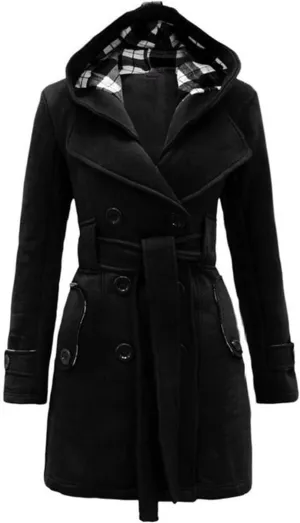 Long Trench Coat for Women Open Front Oversized Knitted Sweater Coats Classic Lapel Hooded Overcoat with Belt