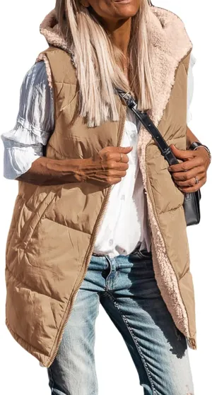 Long Vest for Women Sleeveless Reversible Fleece Jacket Puffer Sherpa Vest Zip Up Hoodie Pockets Winter Coat Outerwear