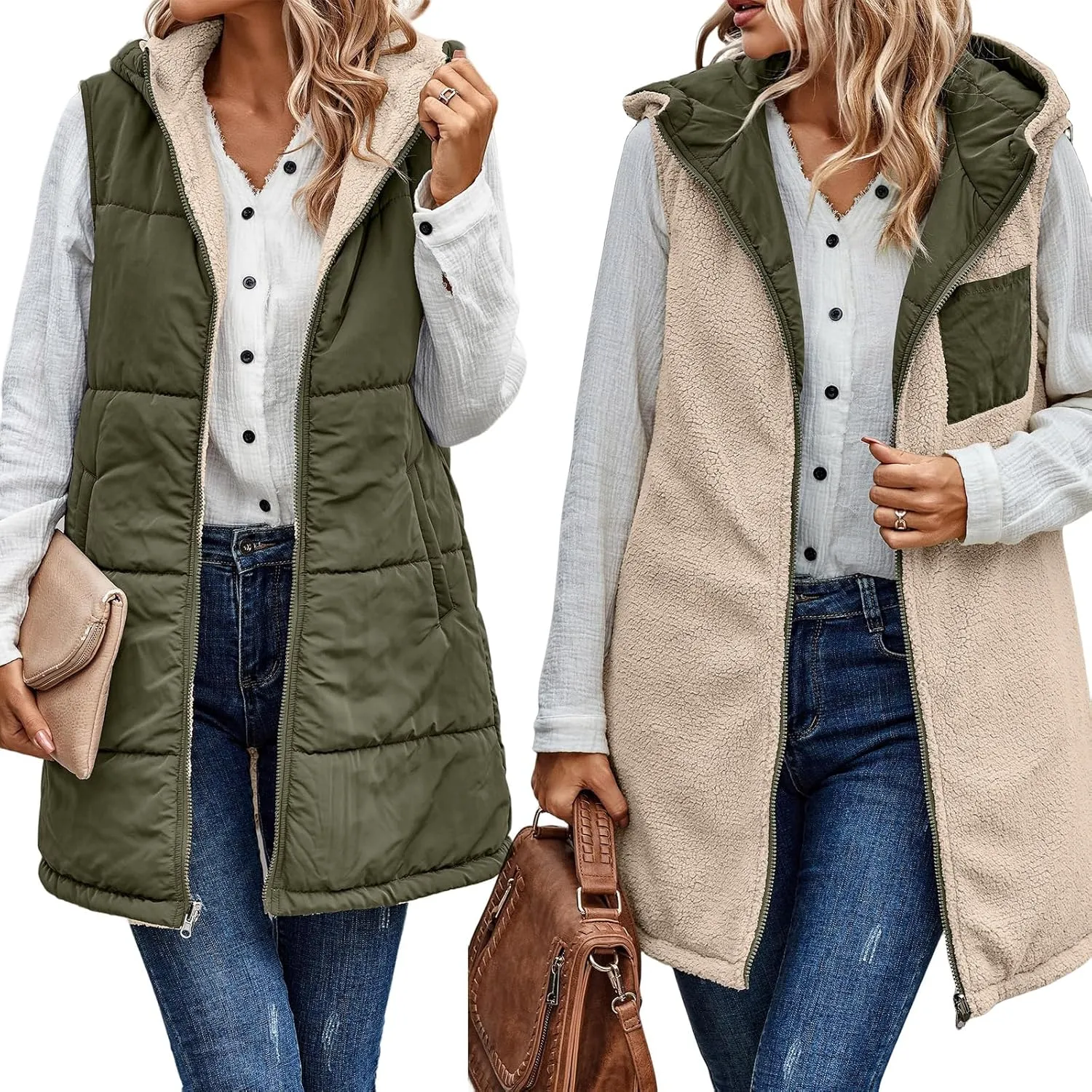 Long Vest for Women Sleeveless Reversible Fleece Jacket Puffer Sherpa Vest Zip Up Hoodie Pockets Winter Coat Outerwear
