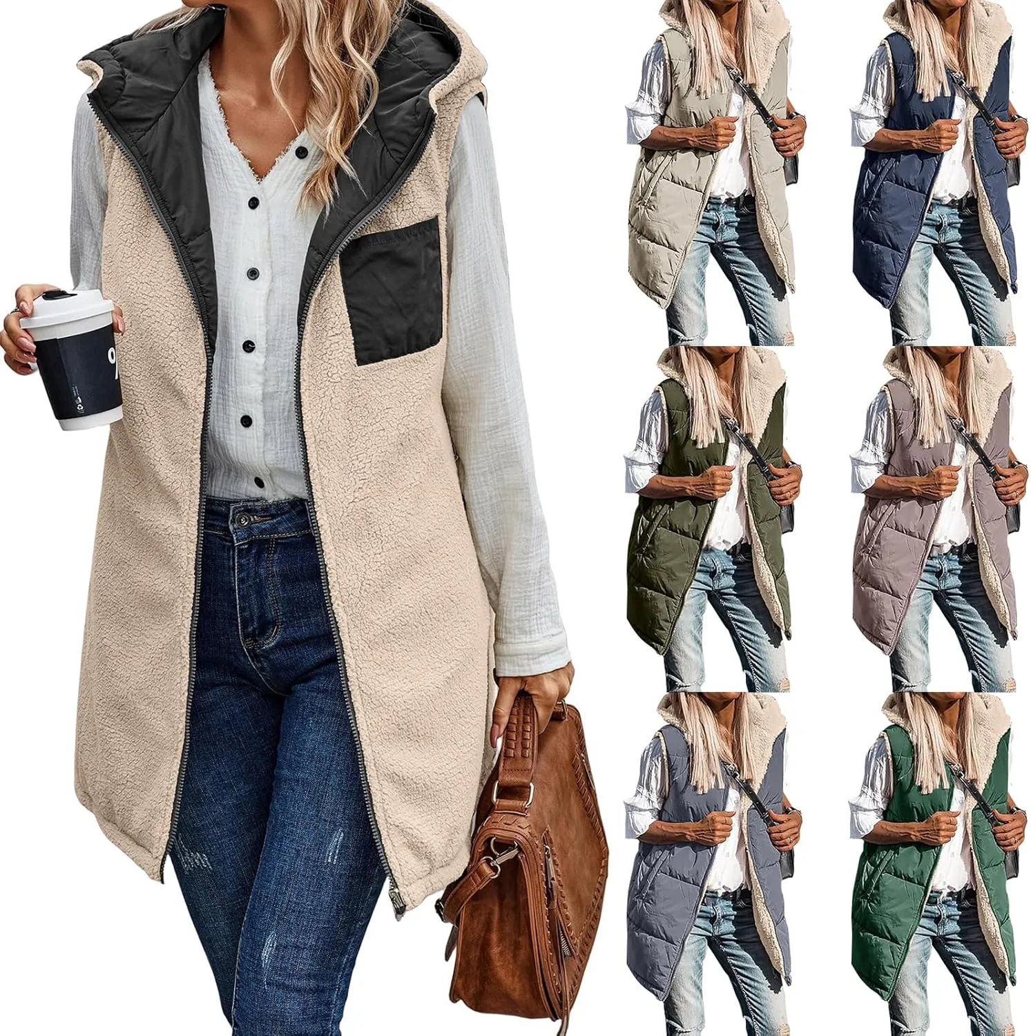 Long Vest for Women Sleeveless Reversible Fleece Jacket Puffer Sherpa Vest Zip Up Hoodie Pockets Winter Coat Outerwear