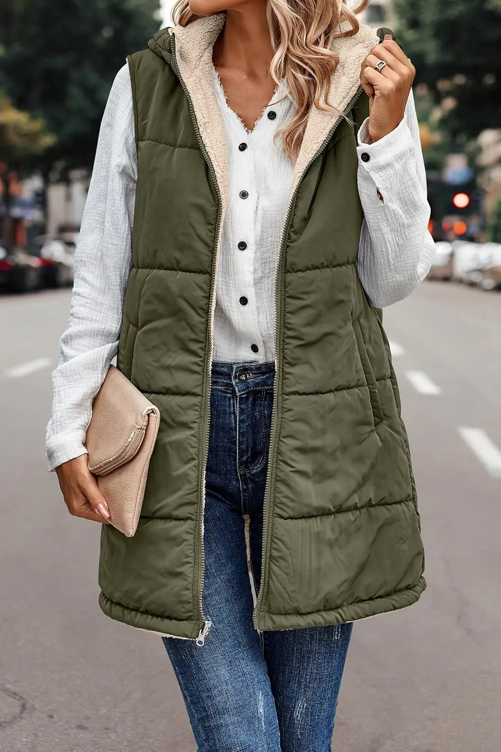 Long Vest for Women Sleeveless Reversible Fleece Jacket Puffer Sherpa Vest Zip Up Hoodie Pockets Winter Coat Outerwear