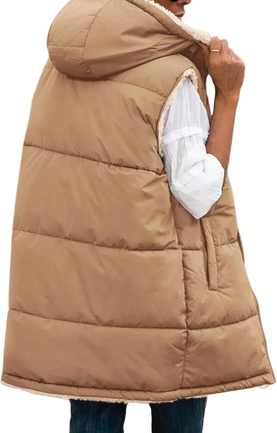 Long Vest for Women Sleeveless Reversible Fleece Jacket Puffer Sherpa Vest Zip Up Hoodie Pockets Winter Coat Outerwear