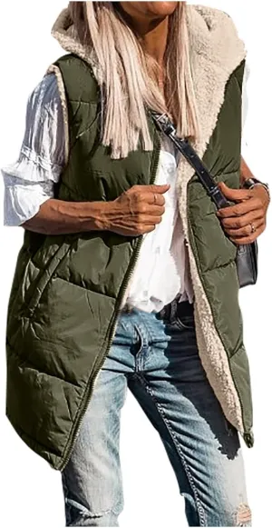 Long Vest for Women Sleeveless Reversible Fleece Jacket Puffer Sherpa Vest Zip Up Hoodie Pockets Winter Coat Outerwear