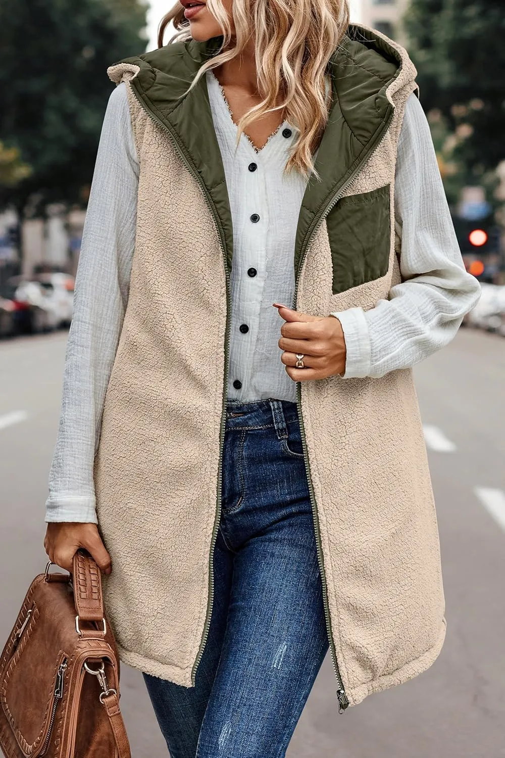 Long Vest for Women Sleeveless Reversible Fleece Jacket Puffer Sherpa Vest Zip Up Hoodie Pockets Winter Coat Outerwear