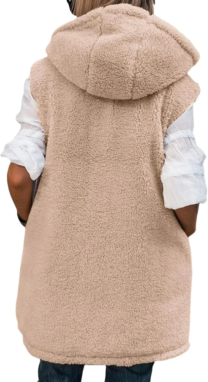 Long Vest for Women Sleeveless Reversible Fleece Jacket Puffer Sherpa Vest Zip Up Hoodie Pockets Winter Coat Outerwear