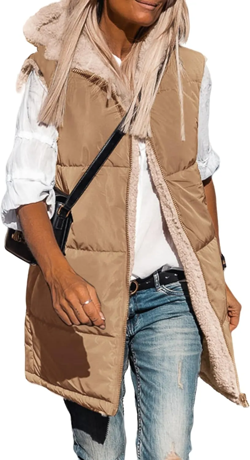 Long Vest for Women Sleeveless Reversible Fleece Jacket Puffer Sherpa Vest Zip Up Hoodie Pockets Winter Coat Outerwear
