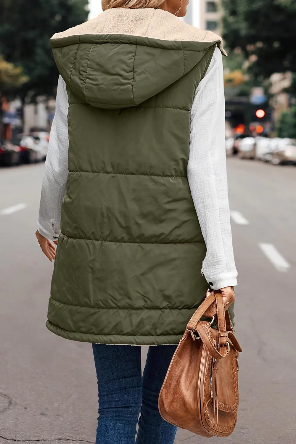 Long Vest for Women Sleeveless Reversible Fleece Jacket Puffer Sherpa Vest Zip Up Hoodie Pockets Winter Coat Outerwear