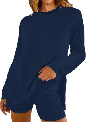 Lounge Sets for Women 2 Piece Loose Fit Sweater and Shorts Knit Sets Casual Sweater Sets Loungewear Oversize Outfits
