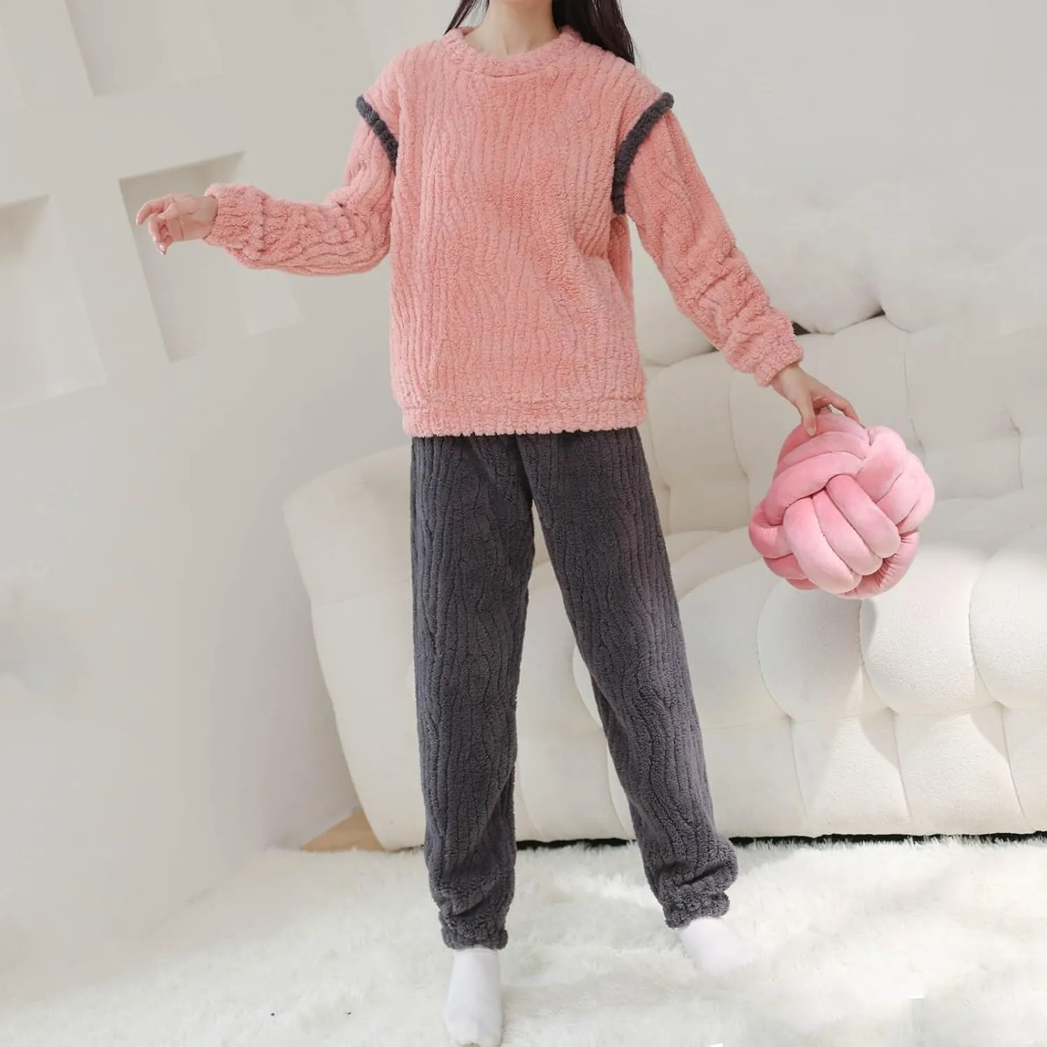 Lounge Sets for Women Fleece Pajama Set Fuzzy Sweatshirts and Pants Flannel Pajamas Cozy Warm Loungewear Sleepwear