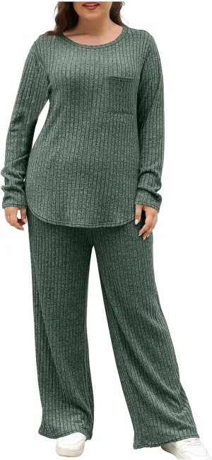 Lounge Sets for Women Two Piece Outfits Crewneck Ribbed Knit Sweater and Wide Leg Pants Casual Comfy Loungewear