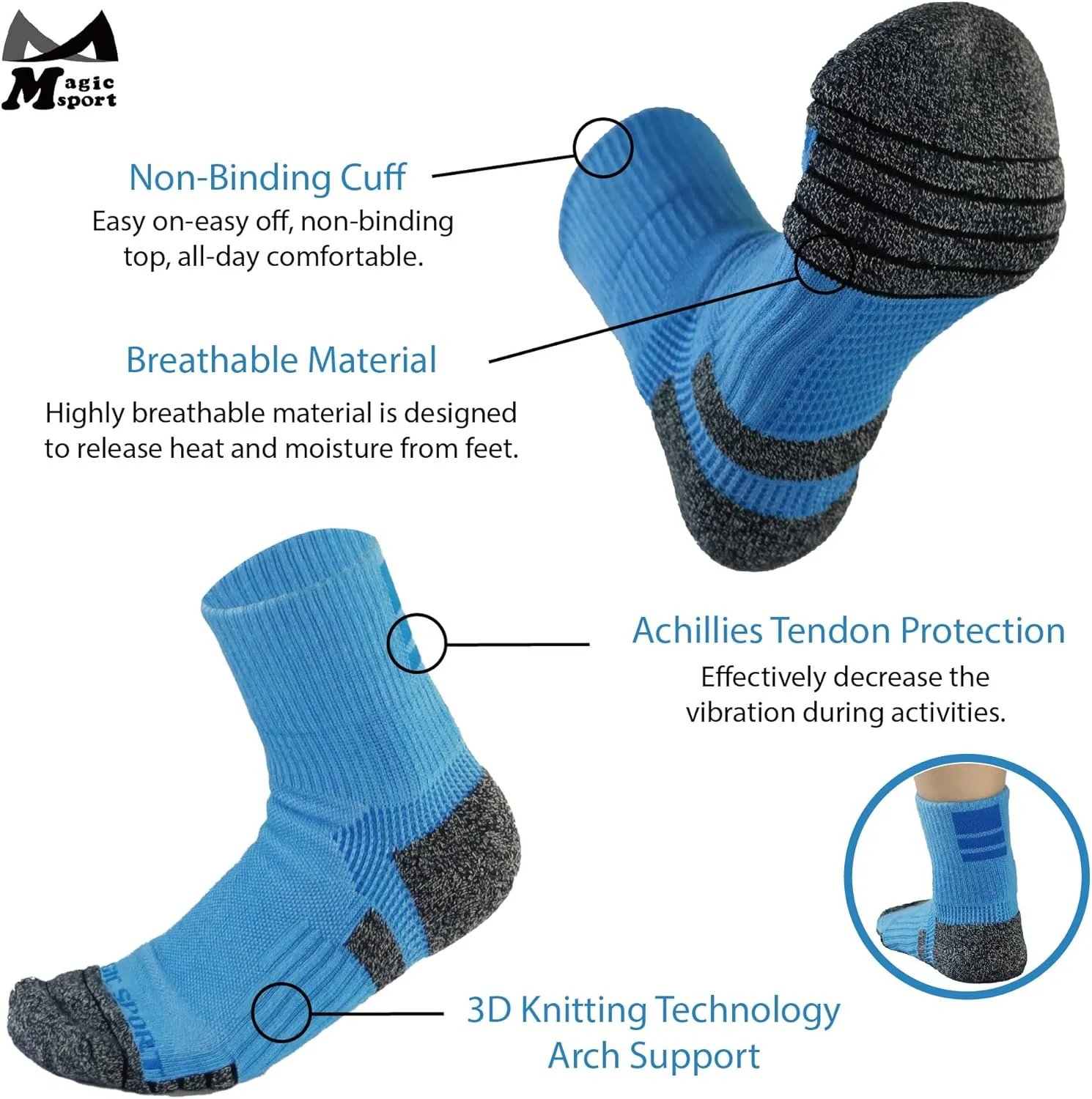 M Magic Sport Athletic Cushioned Crew Socks, 2 Pairs, Men and Women, Gift, Running, Jogging, Hiking, Cycling, Fitness