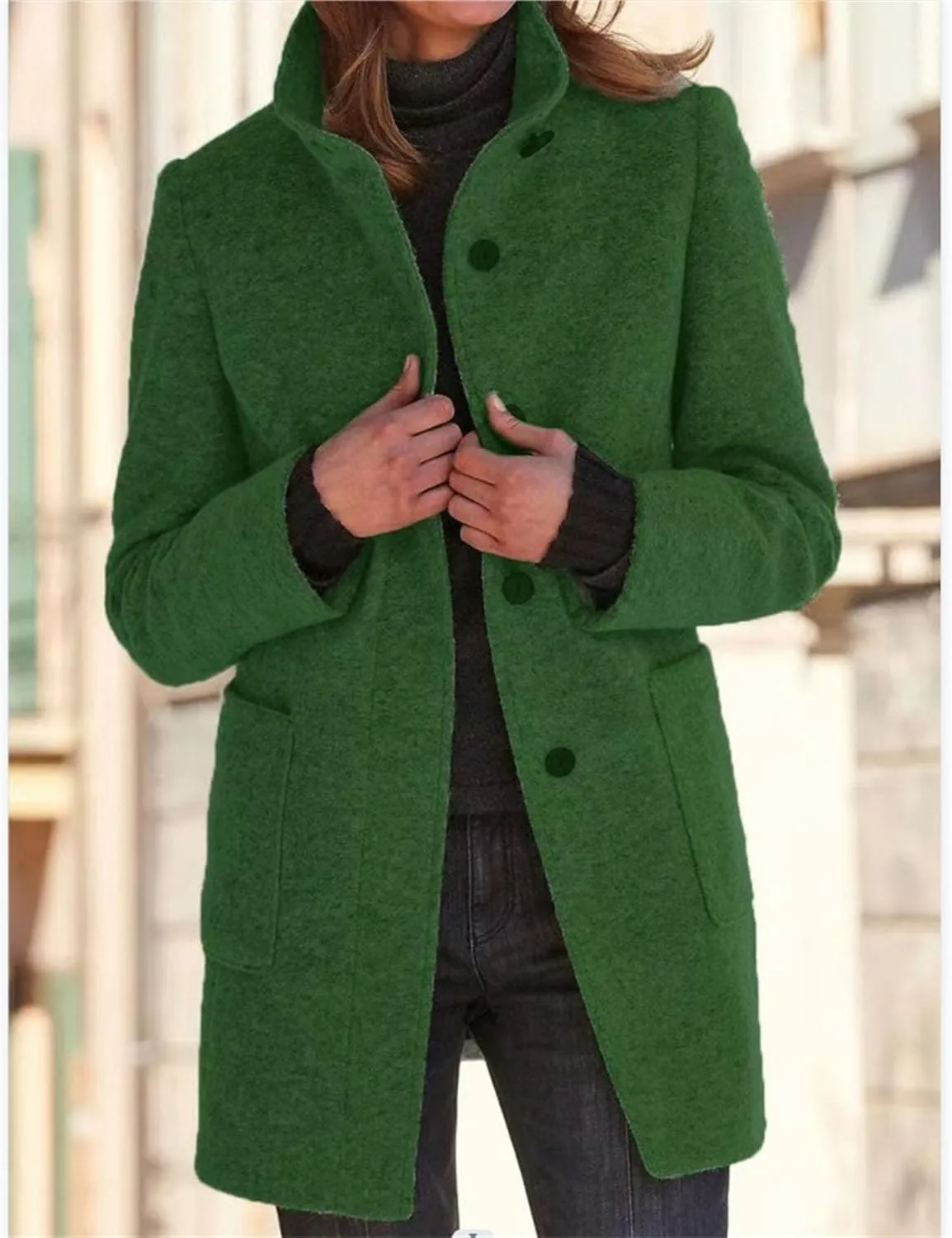 Maiyifu-GJ Womens Elegant Single Breasted Wool Trench Coat Casual Stand Collar Slim Fit Jacket Fall Long Sleeve Cardigan
