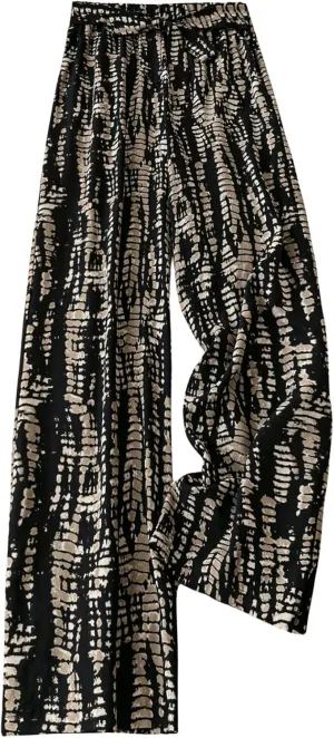 MakeMeChic Women's Graphic Print Tie Front Elastic Waist Straight Leg Pants Trousers