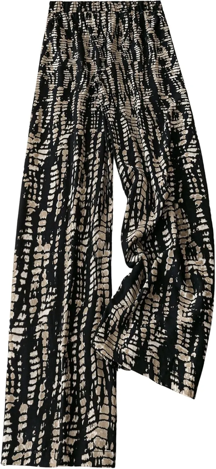 MakeMeChic Women's Graphic Print Tie Front Elastic Waist Straight Leg Pants Trousers
