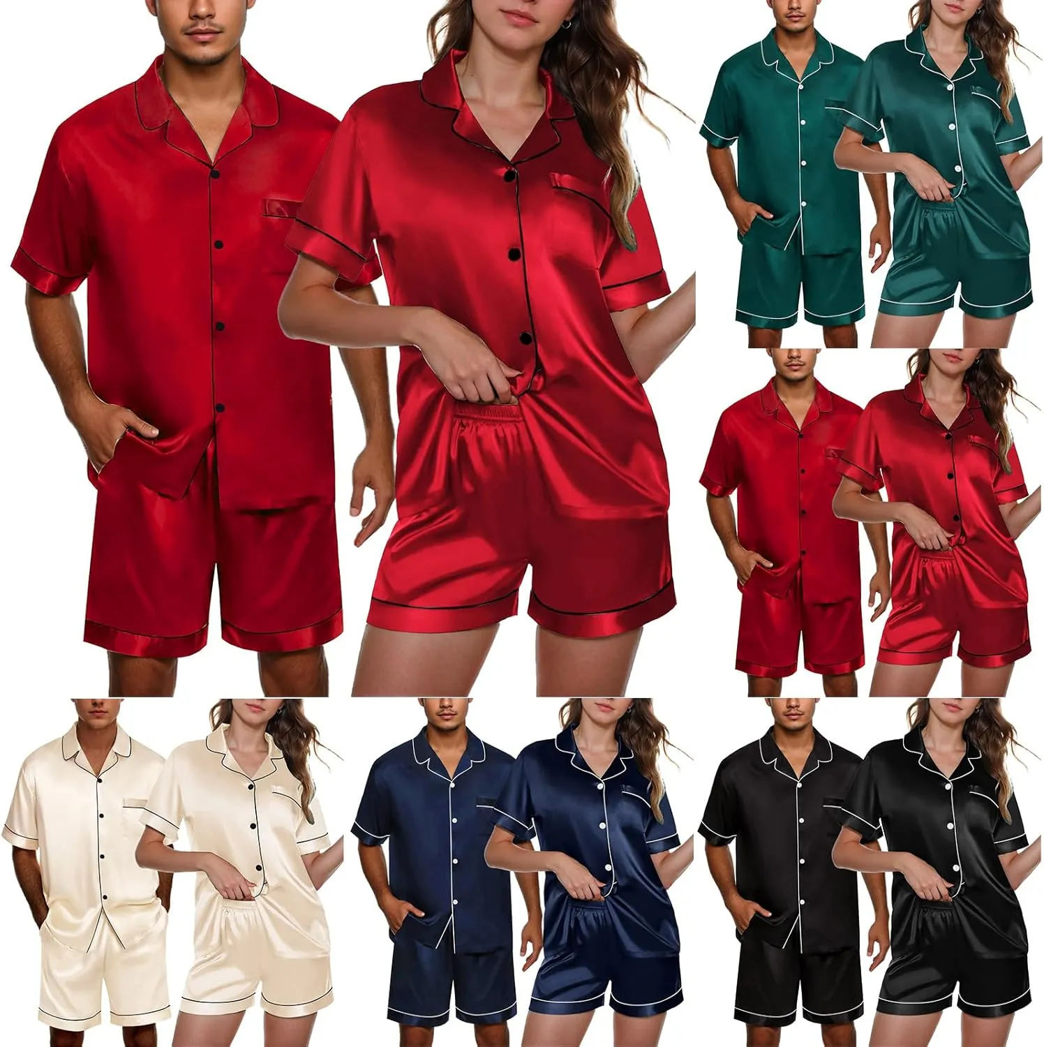 Matching Couple Pajamas Set Shorts Button Down Silk Pjs Short Sleeve Sleepwear 2 Pcs Loungewear
