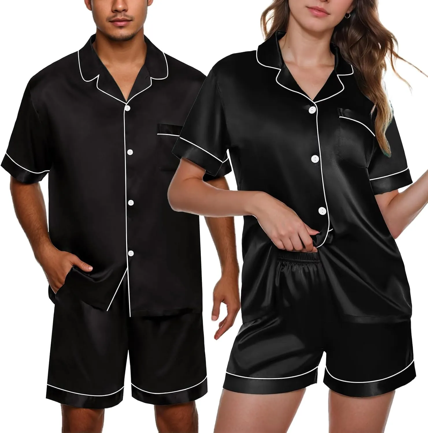 Matching Couple Pajamas Set Shorts Button Down Silk Pjs Short Sleeve Sleepwear 2 Pcs Loungewear