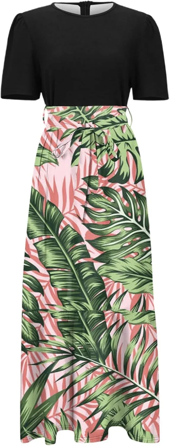 Maxi Dresses for Women 2025 Elegant Boho Tie Belted Patchwork Empire Waist Short Sleeve Modest Flowy Long Dresses