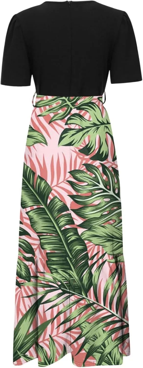 Maxi Dresses for Women 2025 Elegant Boho Tie Belted Patchwork Empire Waist Short Sleeve Modest Flowy Long Dresses
