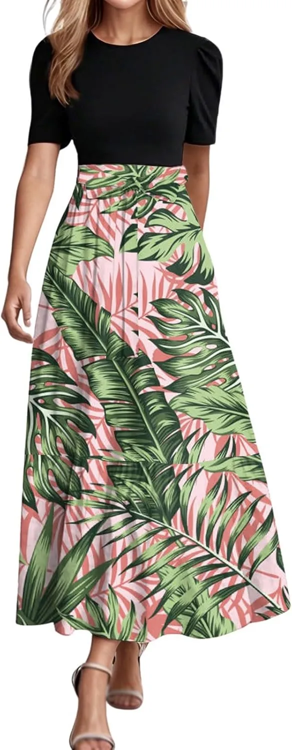 Maxi Dresses for Women 2025 Elegant Boho Tie Belted Patchwork Empire Waist Short Sleeve Modest Flowy Long Dresses