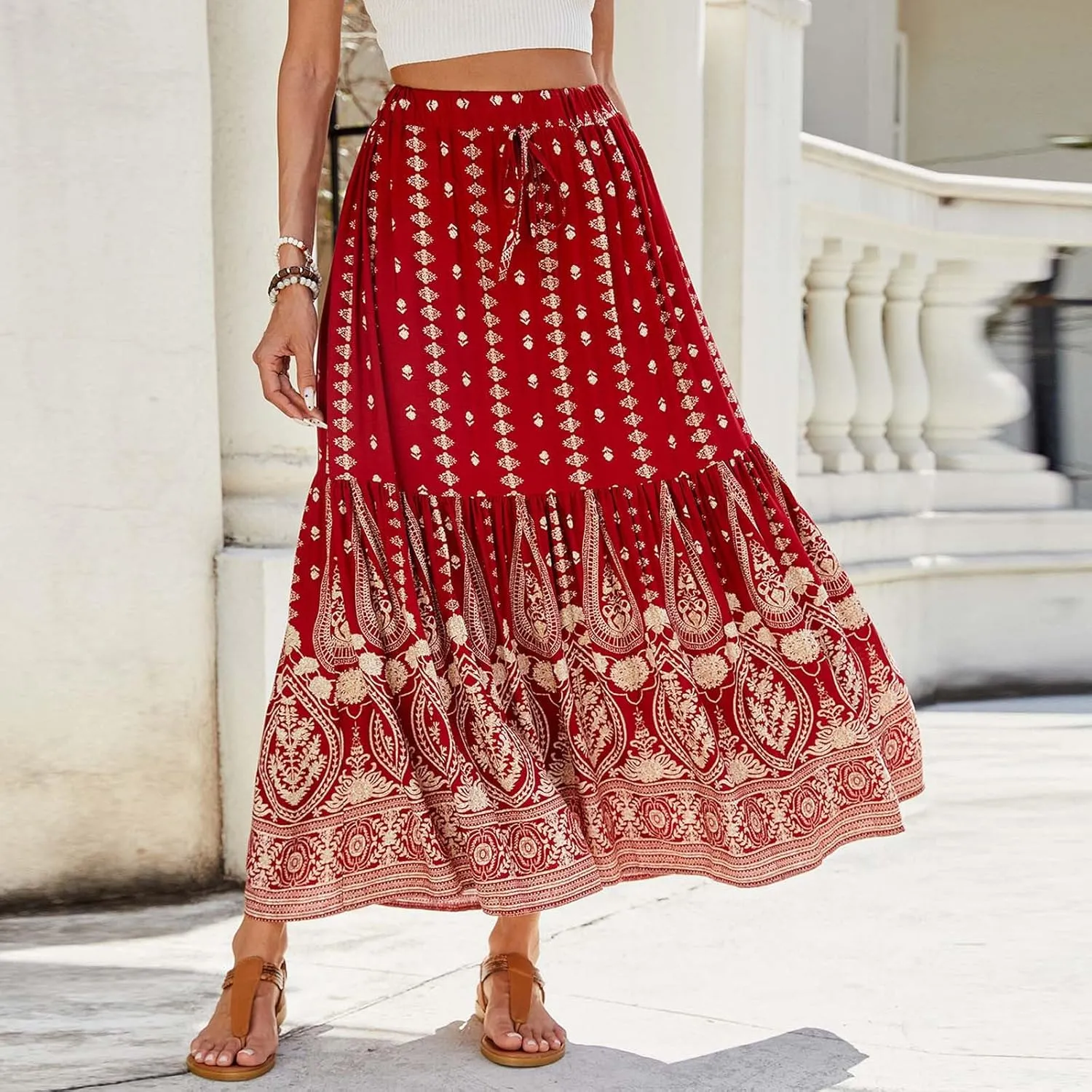 Maxi Skirts for Women Casual High Elastic Waist Bohemian Graphic Boha Floral Print Long Skirts 2025 Summer Vacation