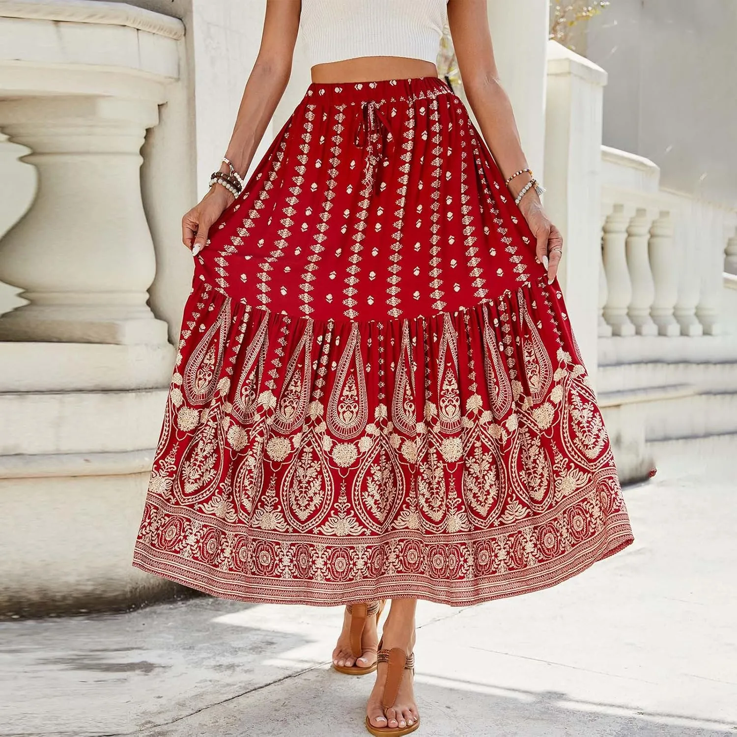 Maxi Skirts for Women Casual High Elastic Waist Bohemian Graphic Boha Floral Print Long Skirts 2025 Summer Vacation
