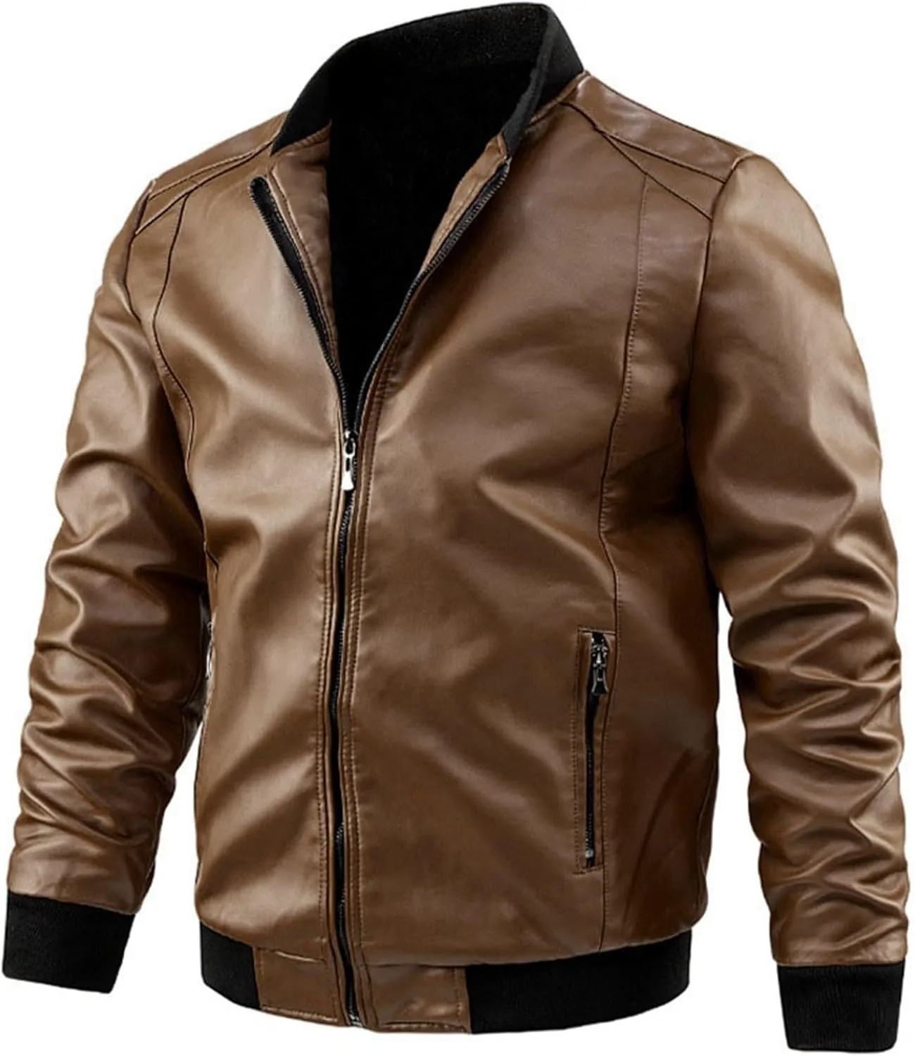 Men Leather Jacket Casual Solid Coat Simple Sports Zipper Coat Jacket Motorcycle Lightweight Faux Leather Outwear