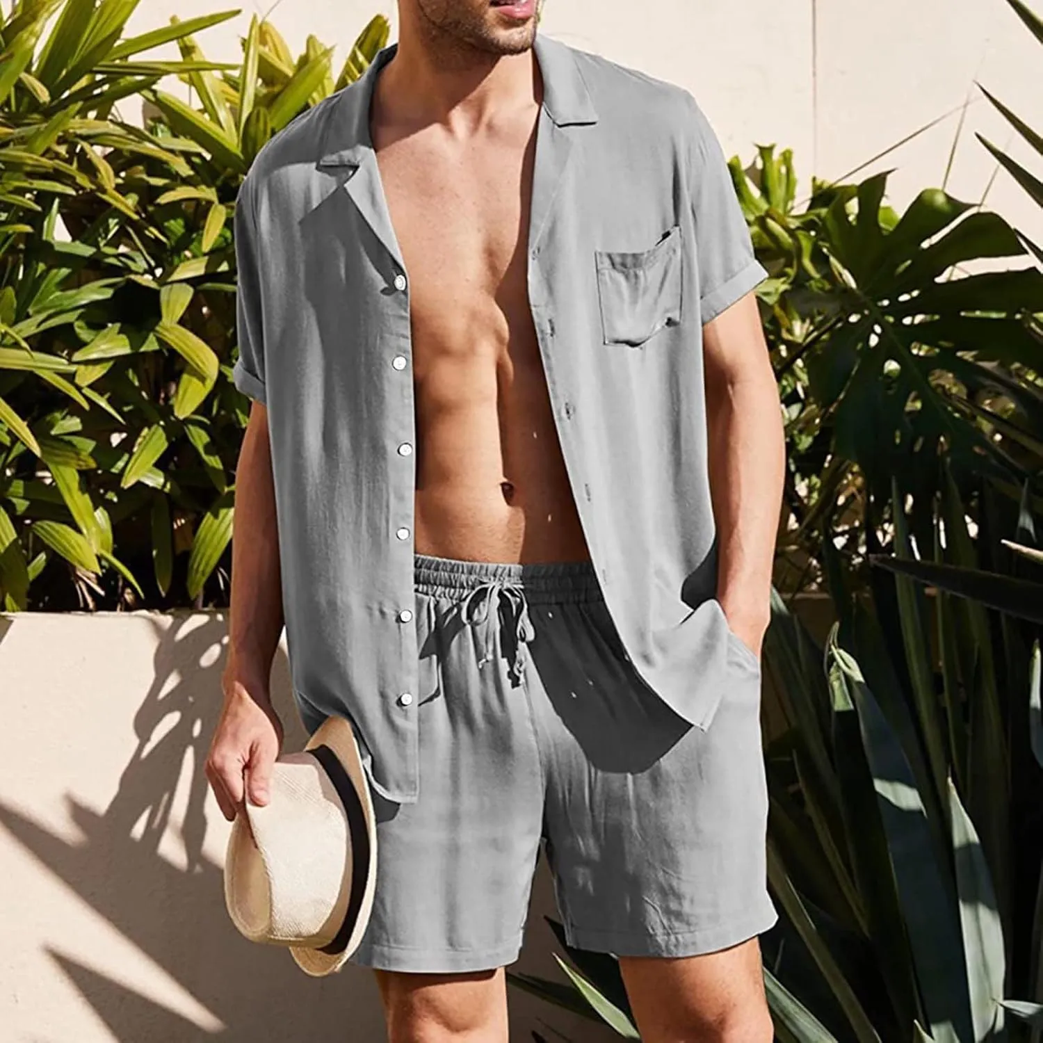 Men Linen Blend Activewear Suit Set Of Top And Short Summer Breathable Wrinkle Two Piece Rolled Sleeve Workout Clothes