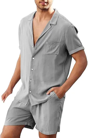 Men Linen Blend Activewear Suit Set Of Top And Short Summer Breathable Wrinkle Two Piece Rolled Sleeve Workout Clothes