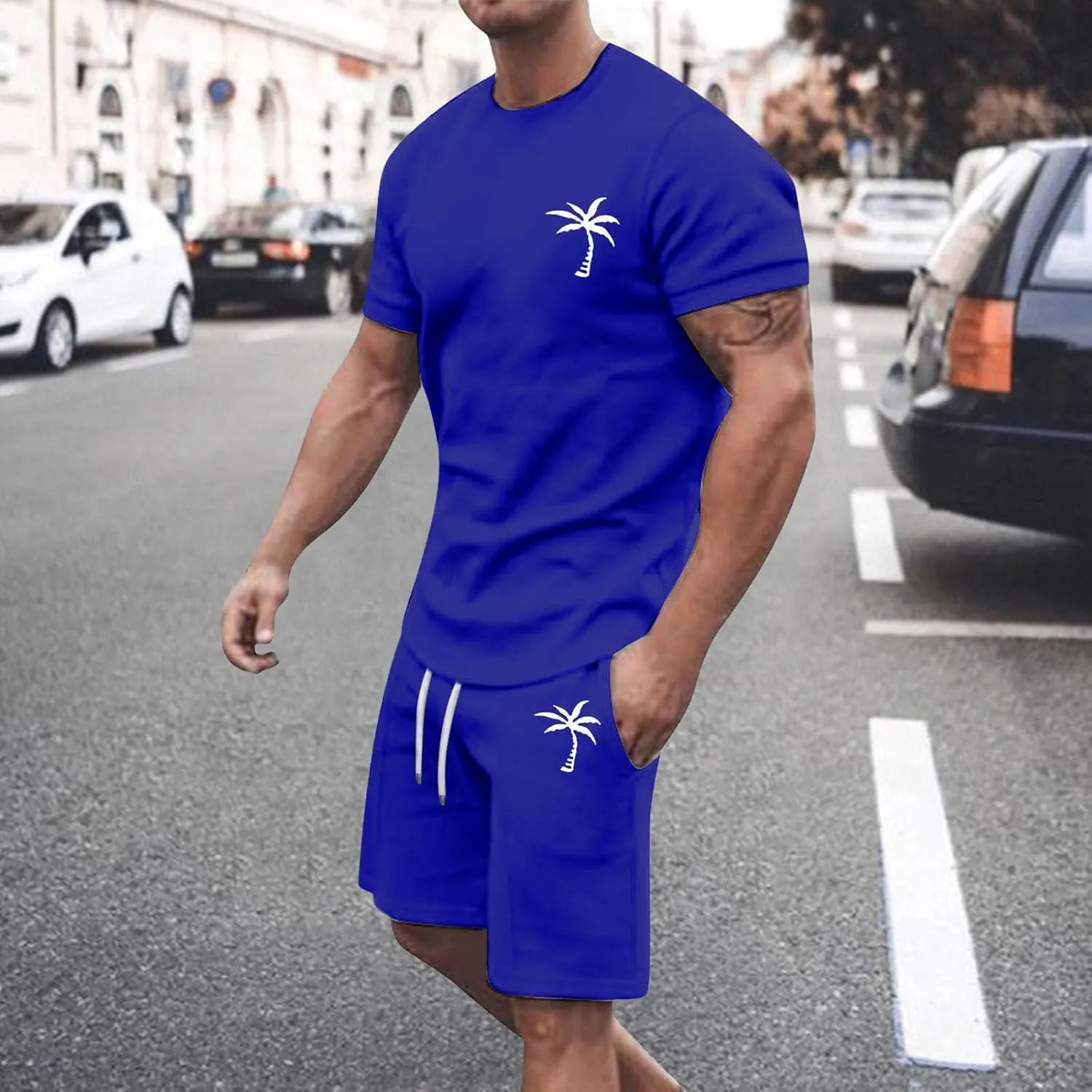 Mens 2 Piece Hawaiian Outfits Short Sleeve Casual T-Shirts and Shorts Matching Set Summer Beach Lounge Tracksuits Set