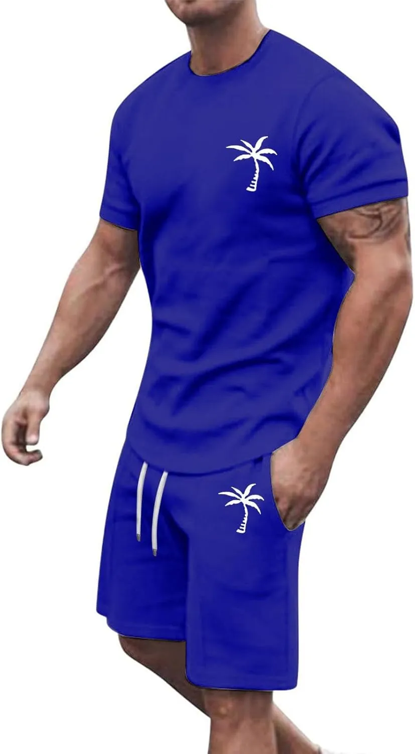 Mens 2 Piece Hawaiian Outfits Short Sleeve Casual T-Shirts and Shorts Matching Set Summer Beach Lounge Tracksuits Set