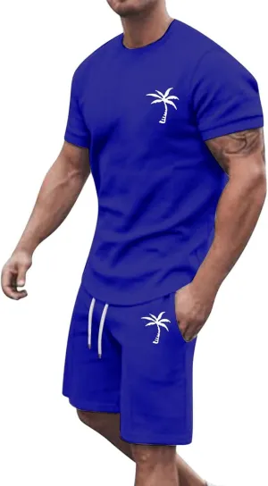 Mens 2 Piece Hawaiian Outfits Short Sleeve Casual T-Shirts and Shorts Matching Set Summer Beach Lounge Tracksuits Set
