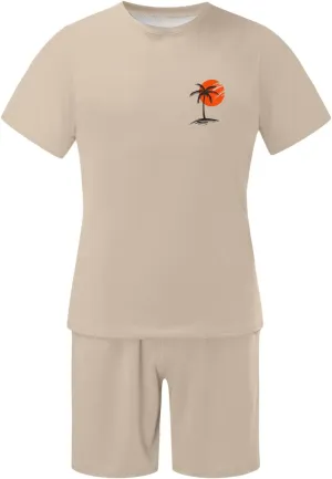 Men's 2 Pieces Set Short Sleeve and Shorts Casual Print Summer Beach Matching Outfits Round Neck Shorts Gym Suits