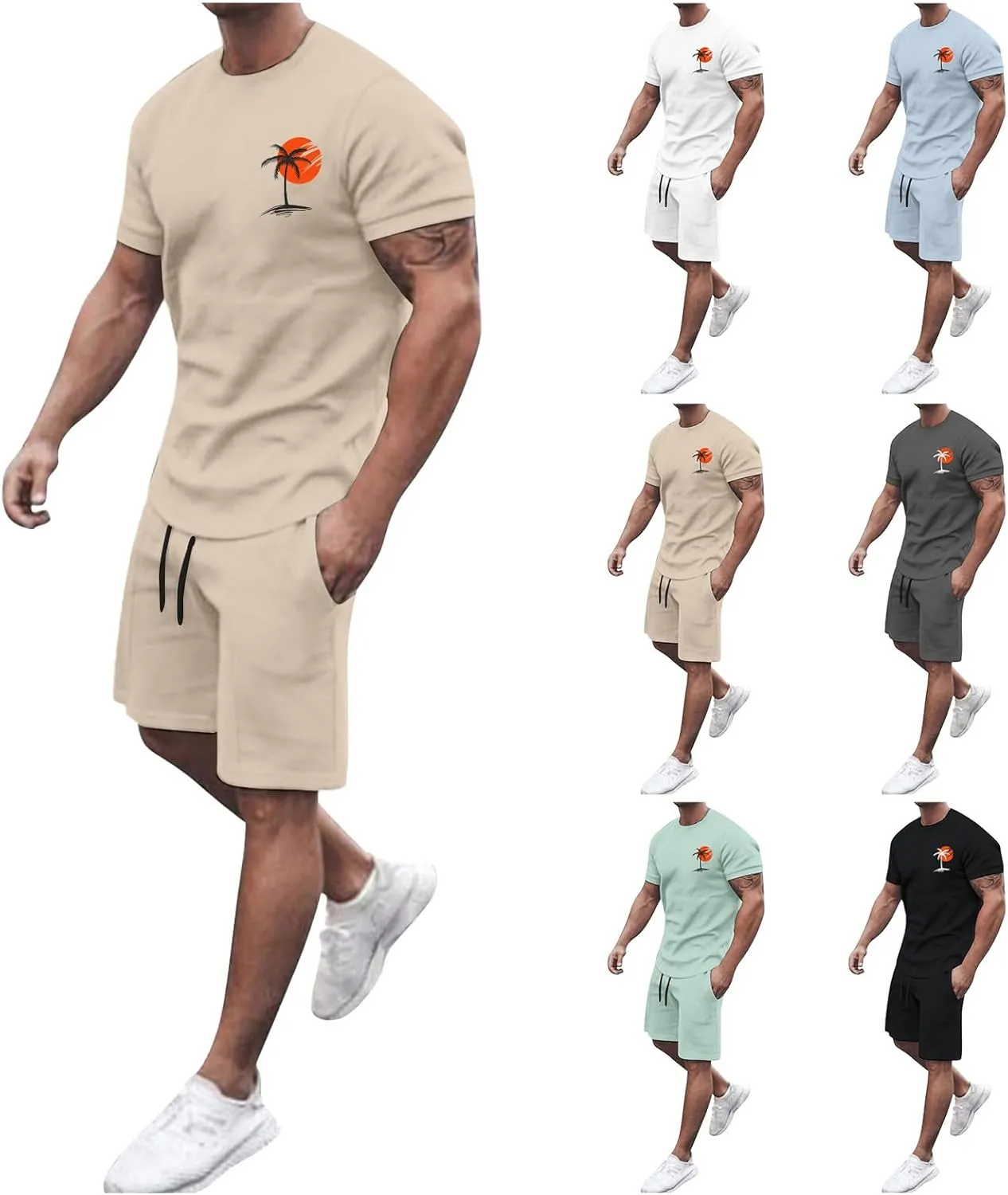 Men's 2 Pieces Set Short Sleeve and Shorts Casual Print Summer Beach Matching Outfits Round Neck Shorts Gym Suits