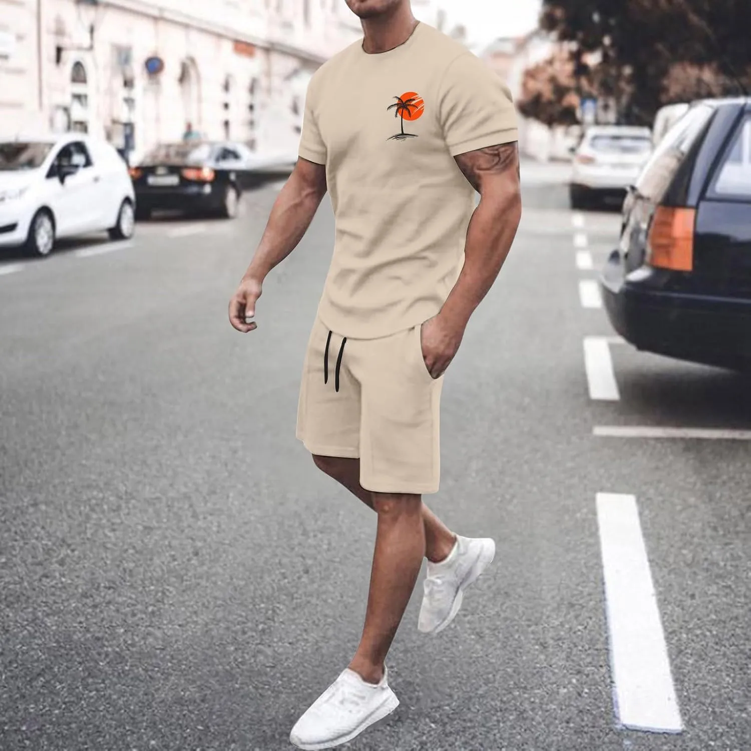Men's 2 Pieces Set Short Sleeve and Shorts Casual Print Summer Beach Matching Outfits Round Neck Shorts Gym Suits
