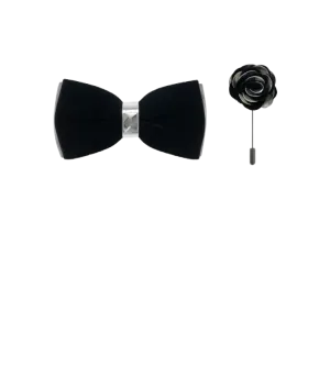 Men's Black Velvet and Silver Leather Bowties Hanky and Flowers