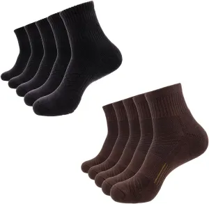 Mens Brown and Black Cotton Cushioned Athletic Running Ankle Quarter Socks (10 Pack) w/Arch Compression Moisture-Wicking Breathable Soft Padded Sports Socks