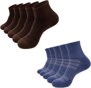 Mens Brown and Blue Cotton Cushioned Athletic Running Ankle Quarter Socks (10 Pack) w/Arch Compression Moisture-Wicking Breathable Soft Padded Sports Socks