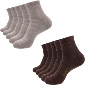 Mens Brown and Grey Cotton Cushioned Athletic Running Ankle Quarter Socks (10 Pack) w/Arch Compression Moisture-Wicking Breathable Soft Padded Sports Socks