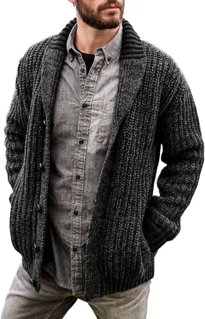 Mens Cable Knit Cardigan Sweater Shawl Collar Knit Blazer Jackets Button Down Fall Winter Faux Wool Chunky Sweaters