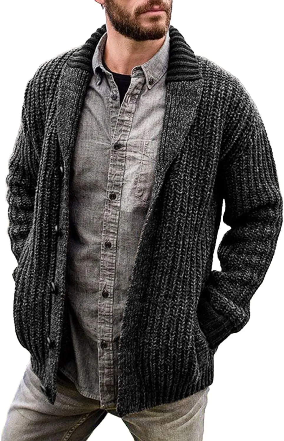Mens Cable Knit Cardigan Sweater Shawl Collar Knit Blazer Jackets Button Down Fall Winter Faux Wool Chunky Sweaters