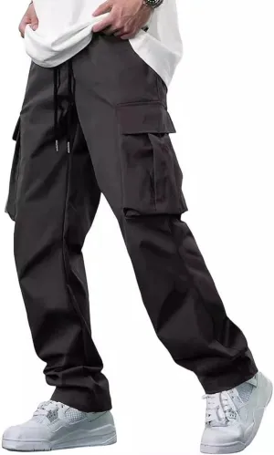 Mens Cargo Pants Work Loose Casual Leggings Solid Casual Streetwear Drawstring Elastic Waist Trousers Pockets