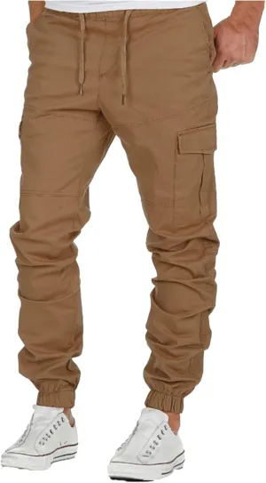 Men's Casual Cargo Pants Workout Joggers Stretch Sweatpants Hiking Drawstring Tactical Pants with Multi Pocket Stretch Pants
