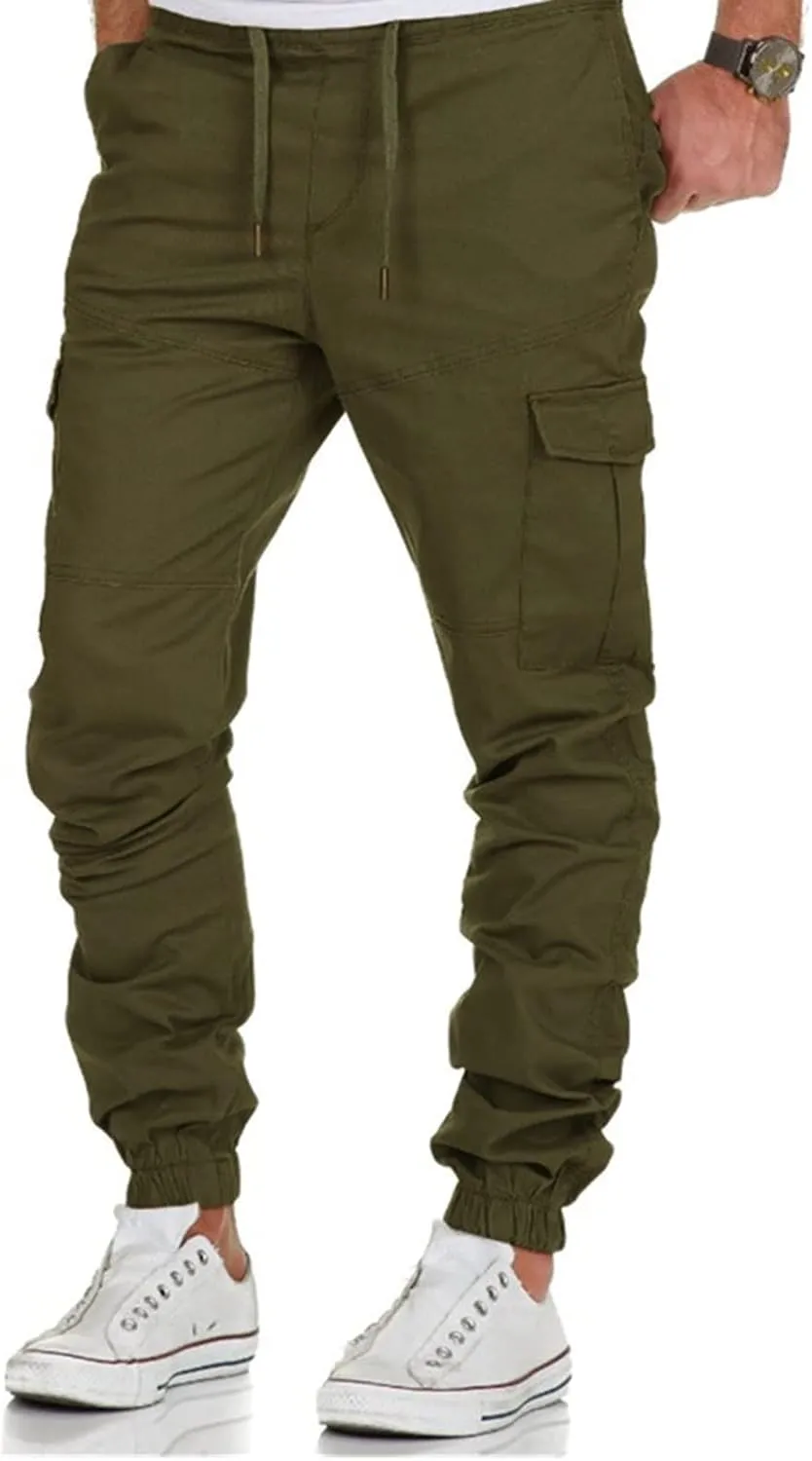 Men's Casual Cargo Pants Workout Joggers Stretch Sweatpants Hiking Drawstring Tactical Pants with Multi Pocket Stretch Pants