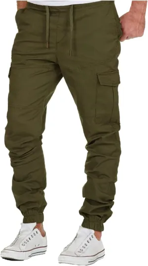Men's Casual Cargo Pants Workout Joggers Stretch Sweatpants Hiking Drawstring Tactical Pants with Multi Pocket Stretch Pants