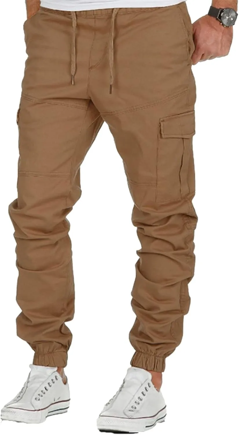 Men's Casual Cargo Pants Workout Joggers Stretch Sweatpants Hiking Drawstring Tactical Pants with Multi Pocket Stretch Pants
