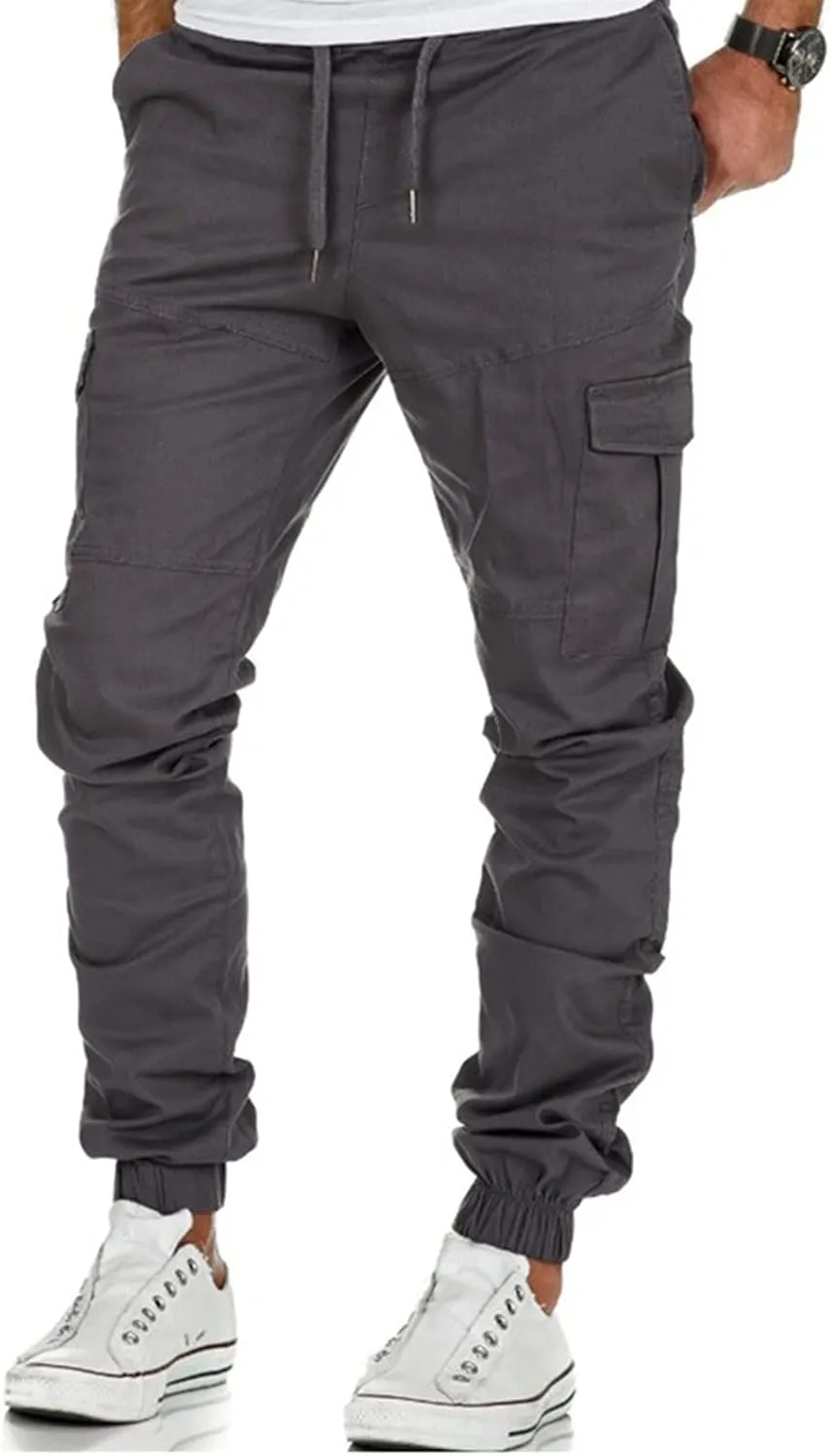 Men's Casual Cargo Pants Workout Joggers Stretch Sweatpants Hiking Drawstring Tactical Pants with Multi Pocket Stretch Pants