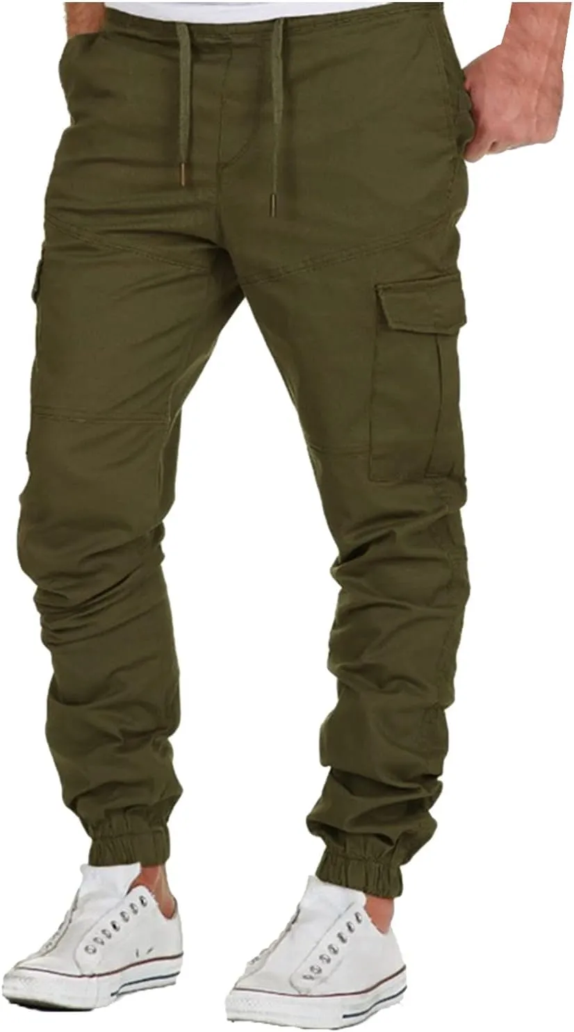 Men's Casual Cargo Pants Workout Joggers Stretch Sweatpants Hiking Drawstring Tactical Pants with Multi Pocket Stretch Pants