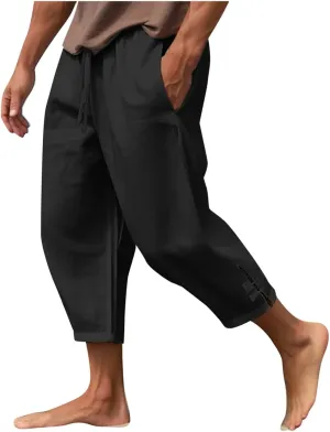 Men's Cotton Linen Pants 2024 Solid Color Harem Pants Casual Capri Pants/Trousers Lightweight Loose Beach Summer